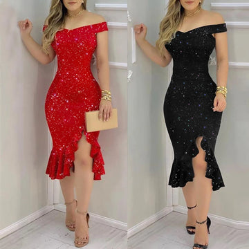 Sexy Shoulder Short Sleeve Sequin Ruffle Elegant Dresses Twirly Threads