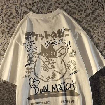 Japanese Retro Pocket Cat Cartoon Short Sleeve T-shirt Twirly Threads