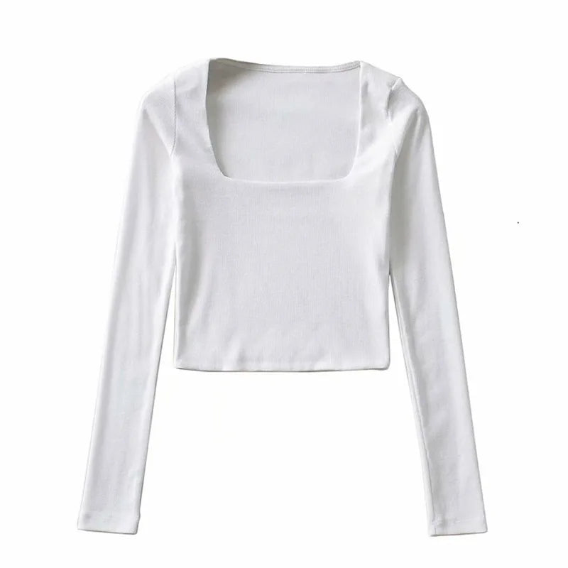 Ribbed Square Neck Crop Top With Long Sleeve Twirly Threads