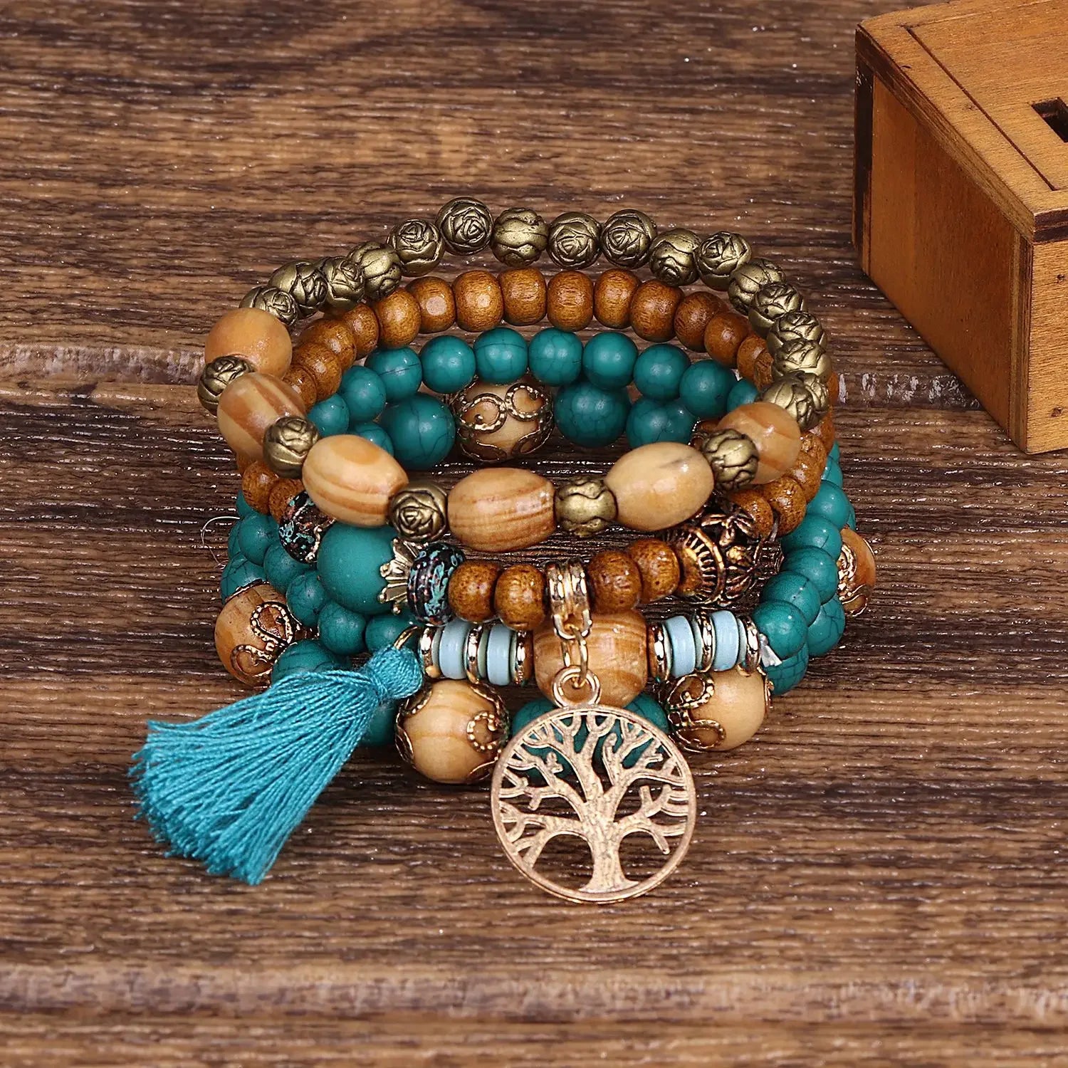 Boho Wooden Beaded Bracelet Set Twirly Threads