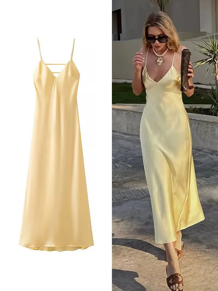 Yellow Stain V Neck Sling Dress Twirly Threads