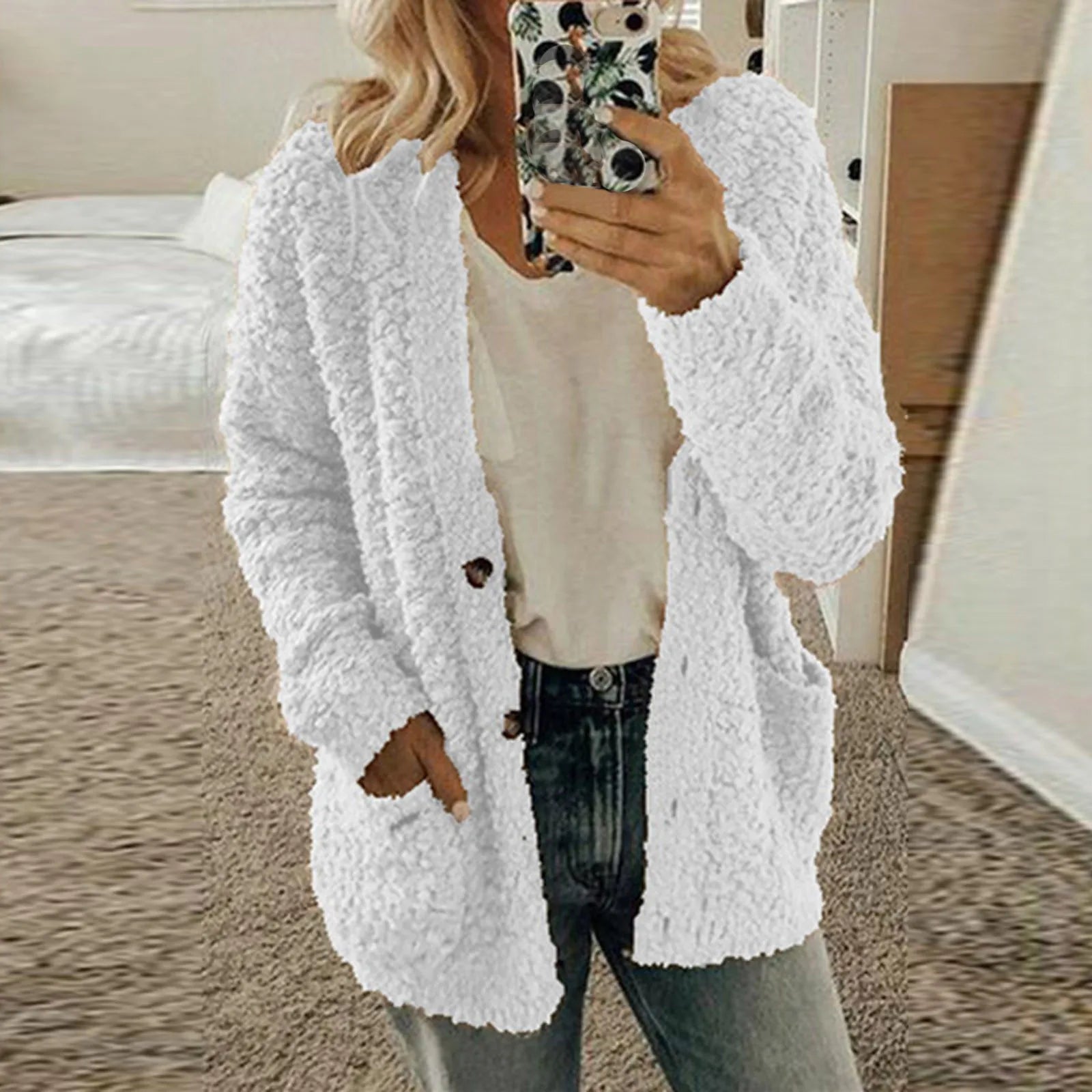 Casual Plus Size Plush Sweater Pockets Cardigan Twirly Threads