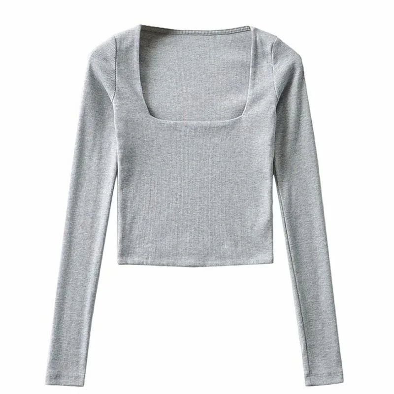 Ribbed Square Neck Crop Top With Long Sleeve Twirly Threads