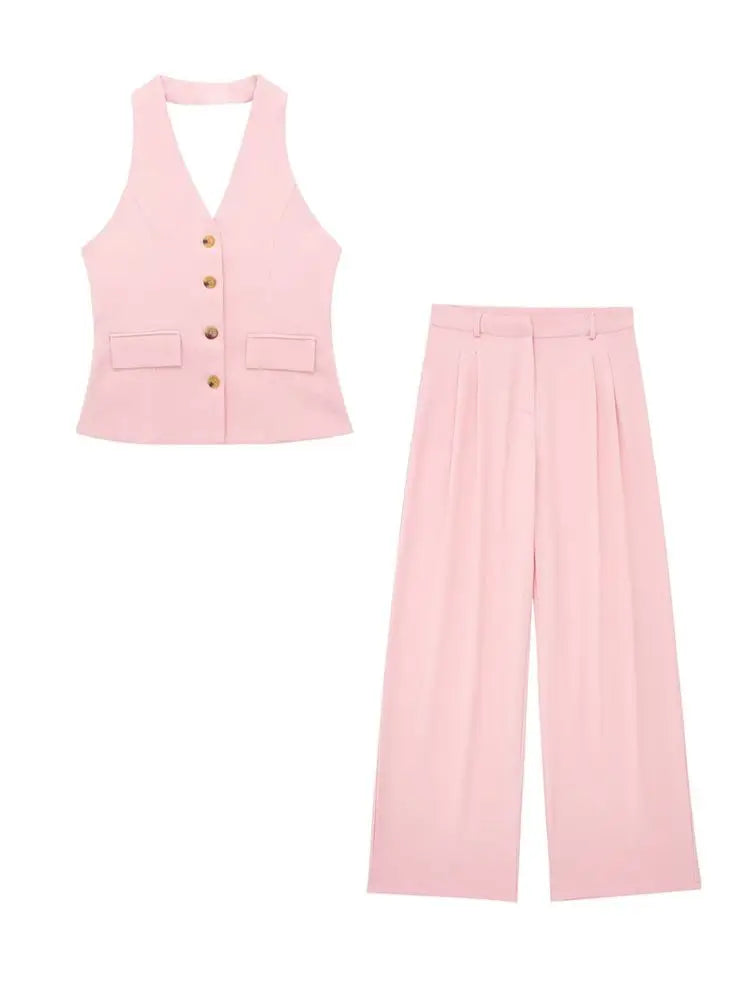 2 Piece Set Halter Neck Single-Breasted Pocket Twirly Threads
