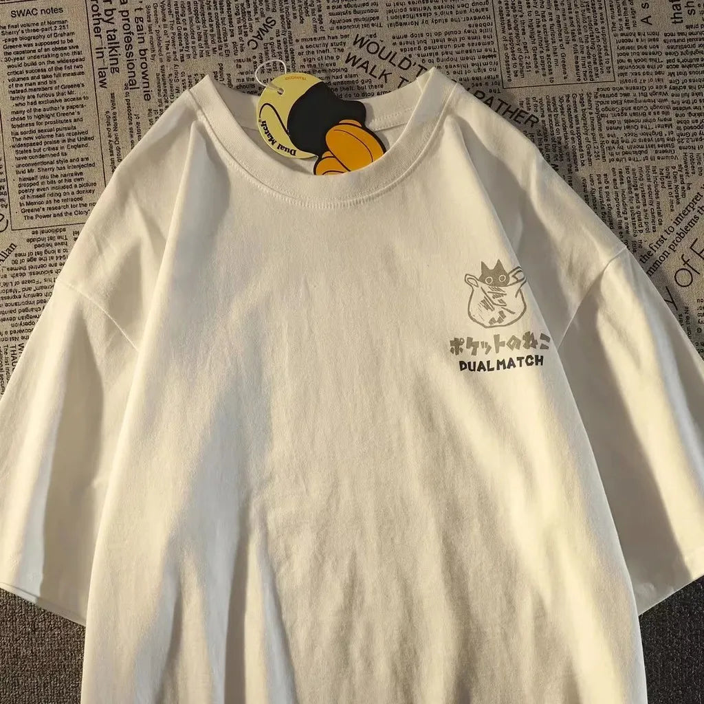 Japanese Retro Pocket Cat Cartoon Short Sleeve T-shirt Twirly Threads