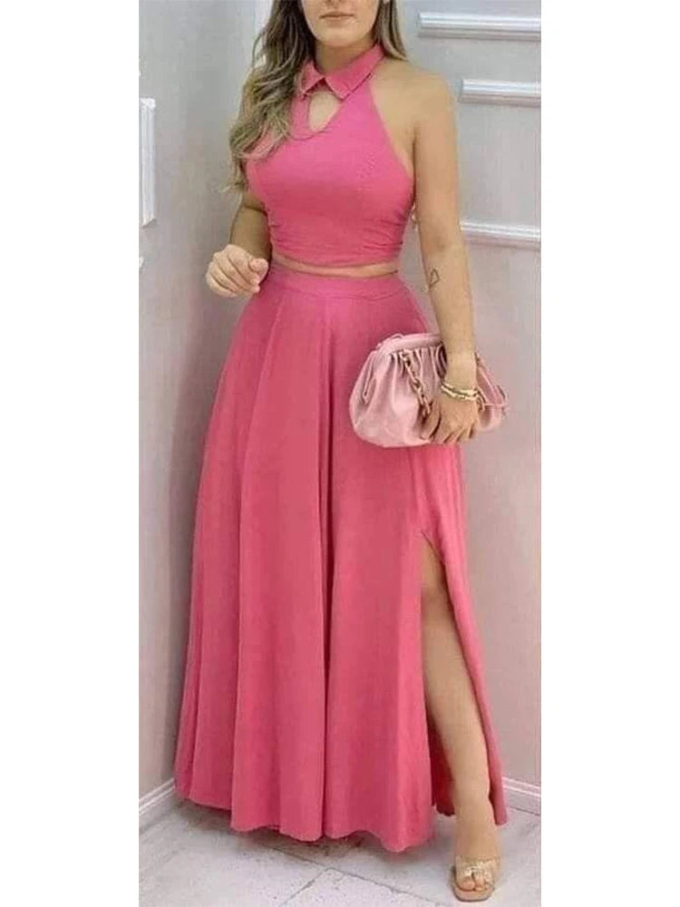 Two Piece Set Halter Collar Crop Top Split Maxi Skirt Twirly Threads