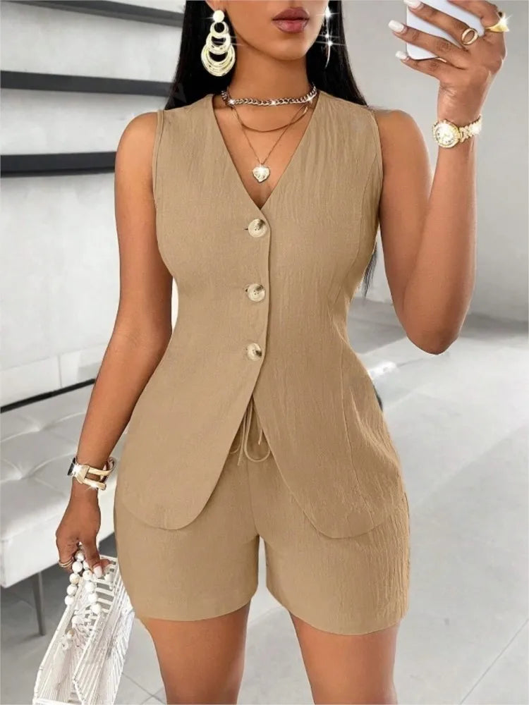 Casual Set Top Button Elegant Solid Short Pant Suit Twirly Threads