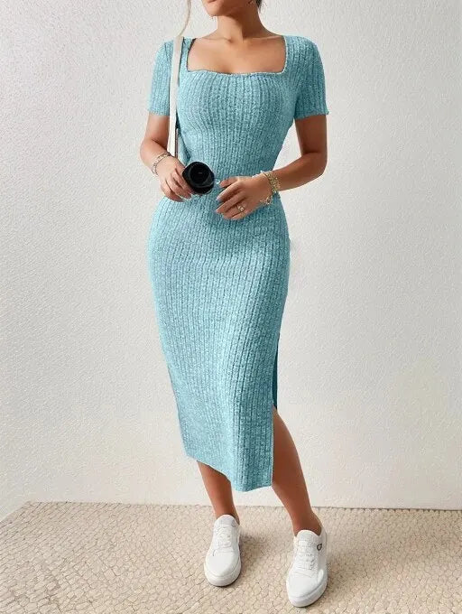 Square Neck, Hip-Hugging Mid-Length Skirt, Knitted Slit Dress Twirly Threads