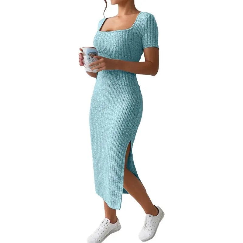 Square Neck, Hip-Hugging Mid-Length Skirt, Knitted Slit Dress Twirly Threads