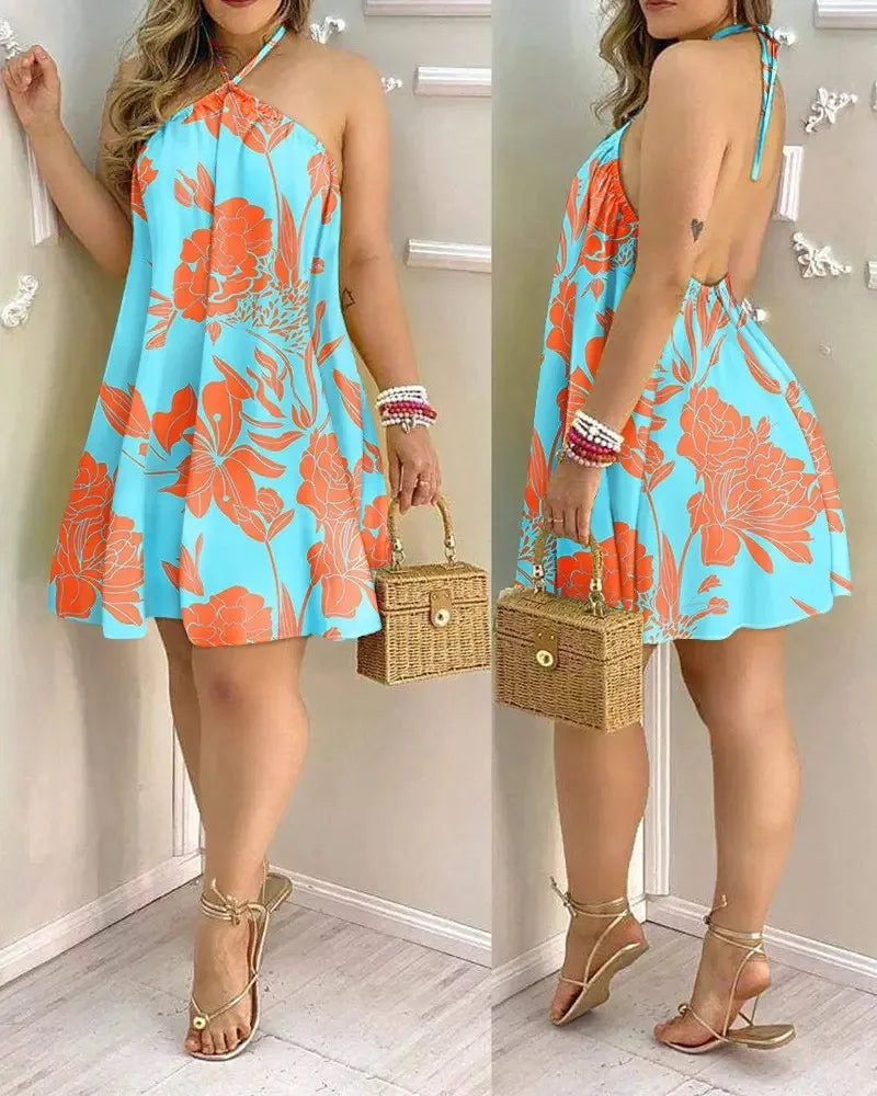 Tropical Print Halter Neck Dress Twirly Threads