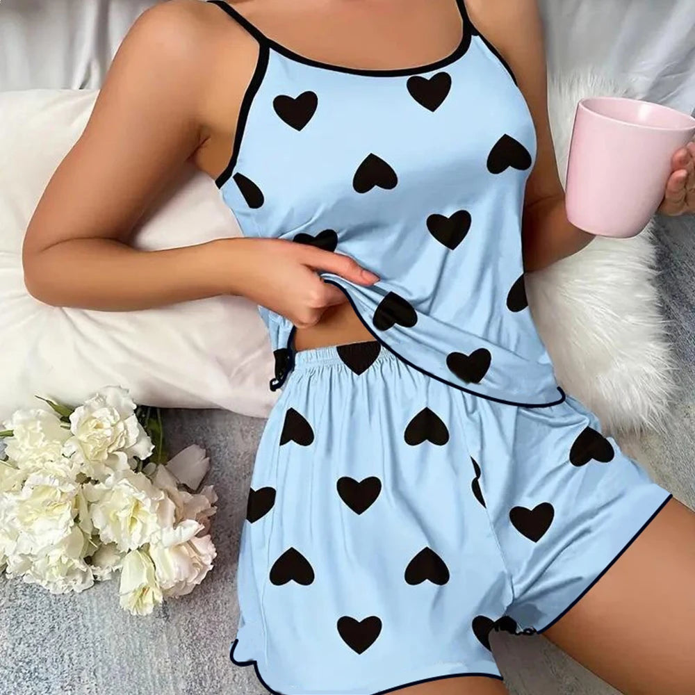 Pajama Set T-Shirts Shorts Pink Heart-Shaped Ice Silk Twirly Threads