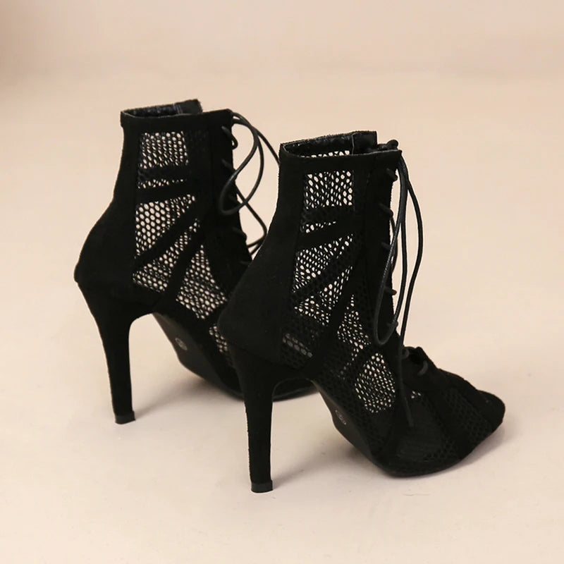 Sexy High Heels Hollow Mesh Sandals Cross-tied Peep Toe Twirly Threads