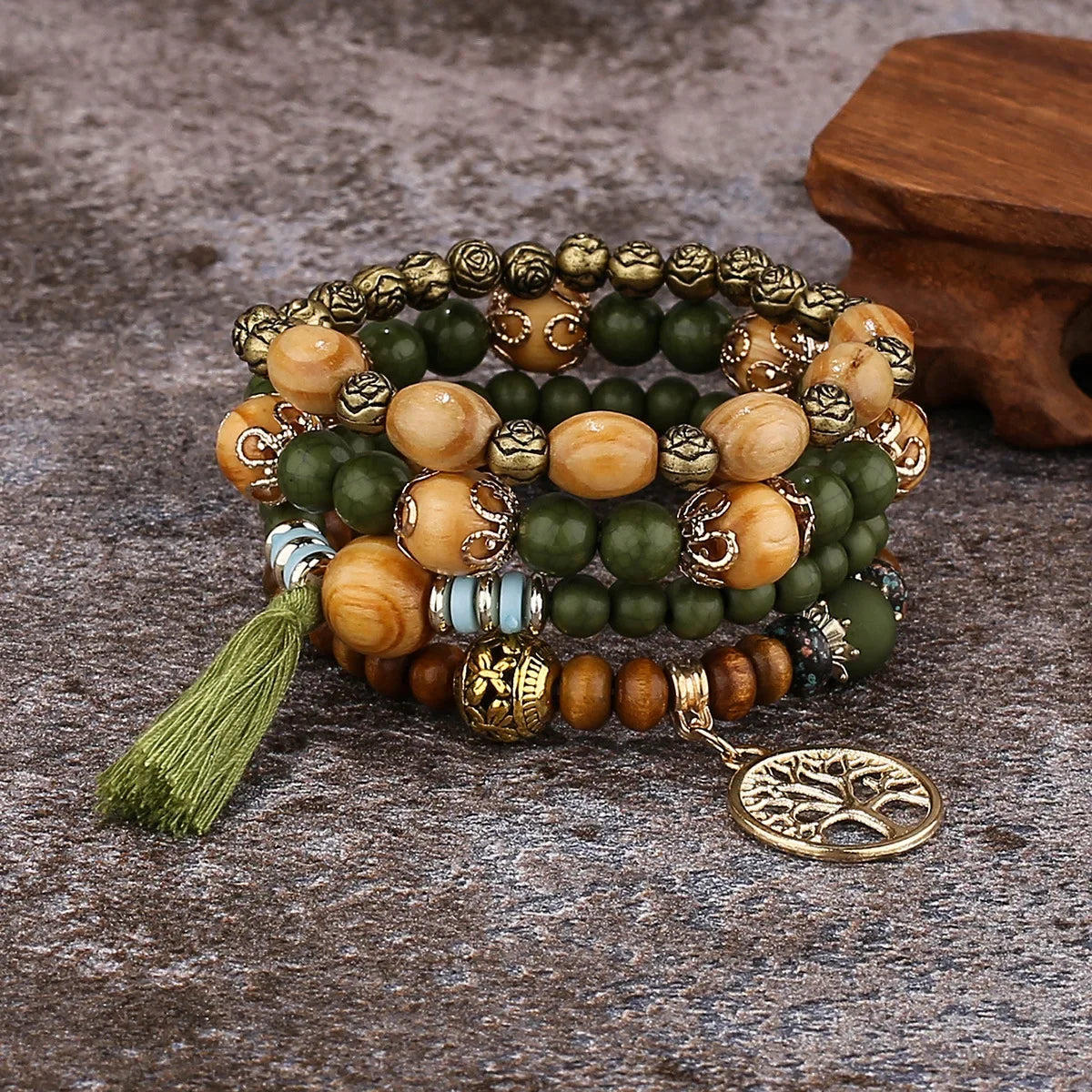 Boho Wooden Beaded Bracelet Set Twirly Threads