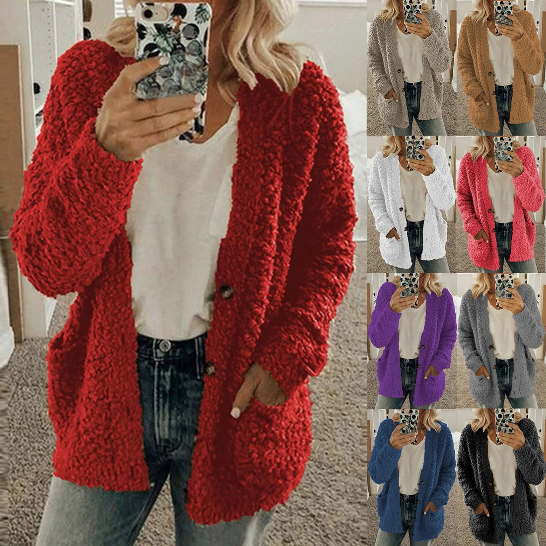 Casual Plus Size Plush Sweater Pockets Cardigan Twirly Threads