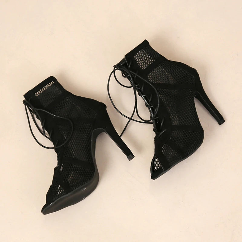 Sexy High Heels Hollow Mesh Sandals Cross-tied Peep Toe Twirly Threads
