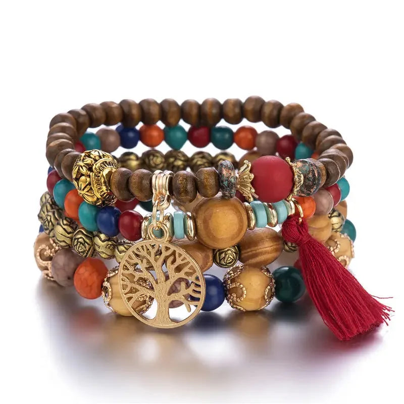 Boho Wooden Beaded Bracelet Set Twirly Threads