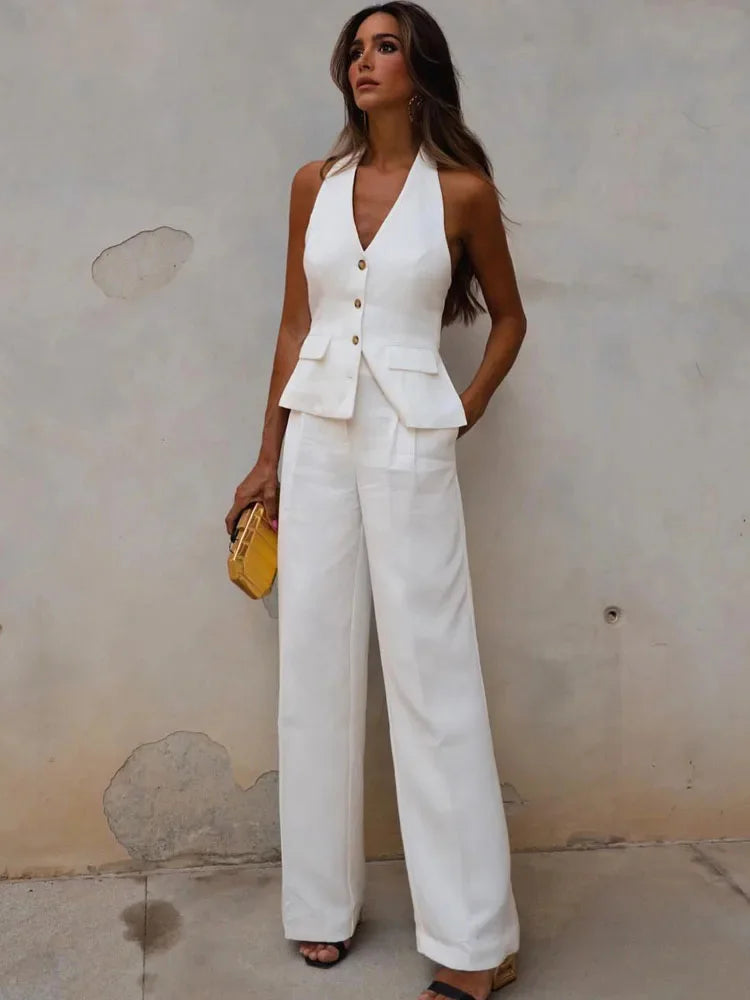 2 Piece Set Halter Neck Single-Breasted Pocket Twirly Threads