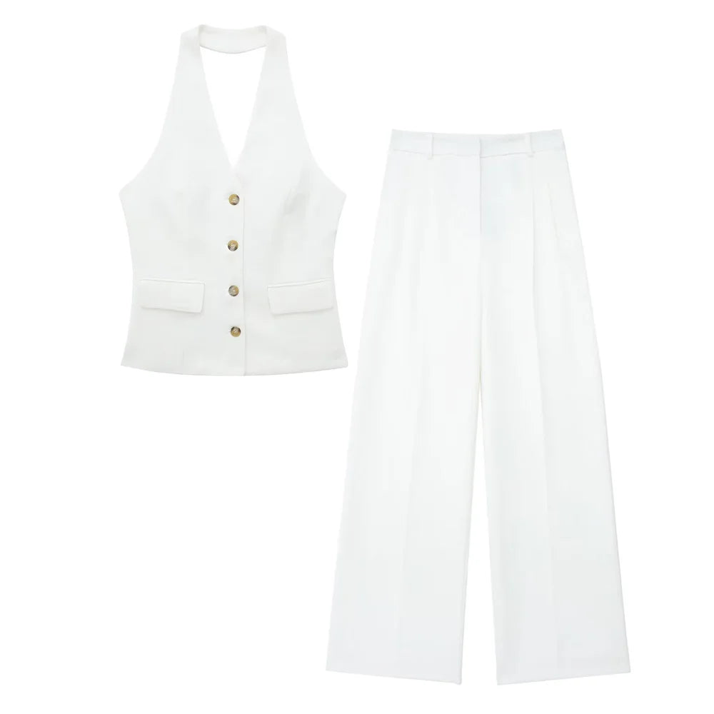2 Piece Set Halter Neck Single-Breasted Pocket Twirly Threads