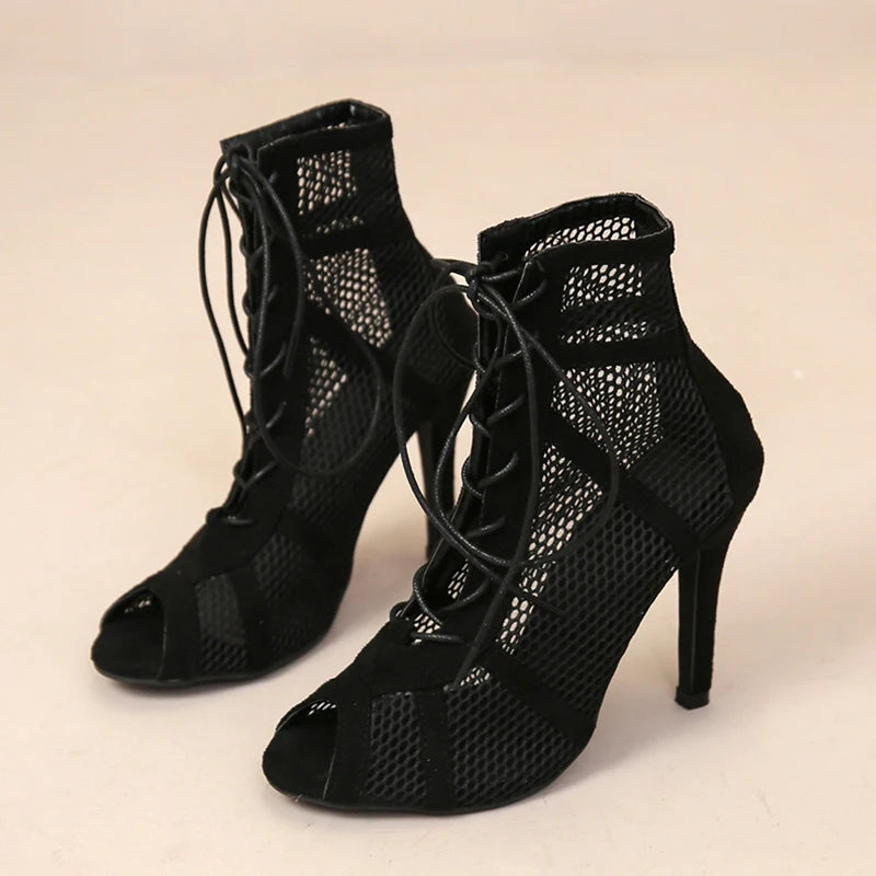 Sexy High Heels Hollow Mesh Sandals Cross-tied Peep Toe Twirly Threads