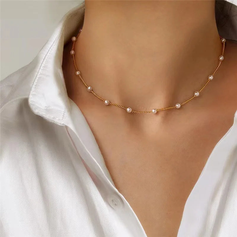 3pcs Pearl Necklace Set 14K Gold Twirly Threads