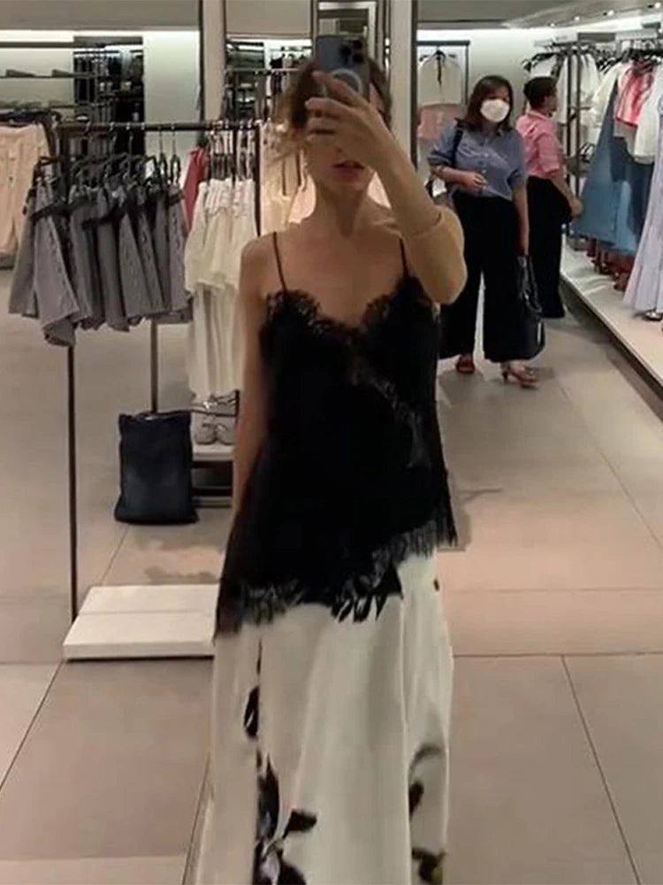 Lace Sling Loose V Neck Sleeveless Backless See Through Top Twirly Threads