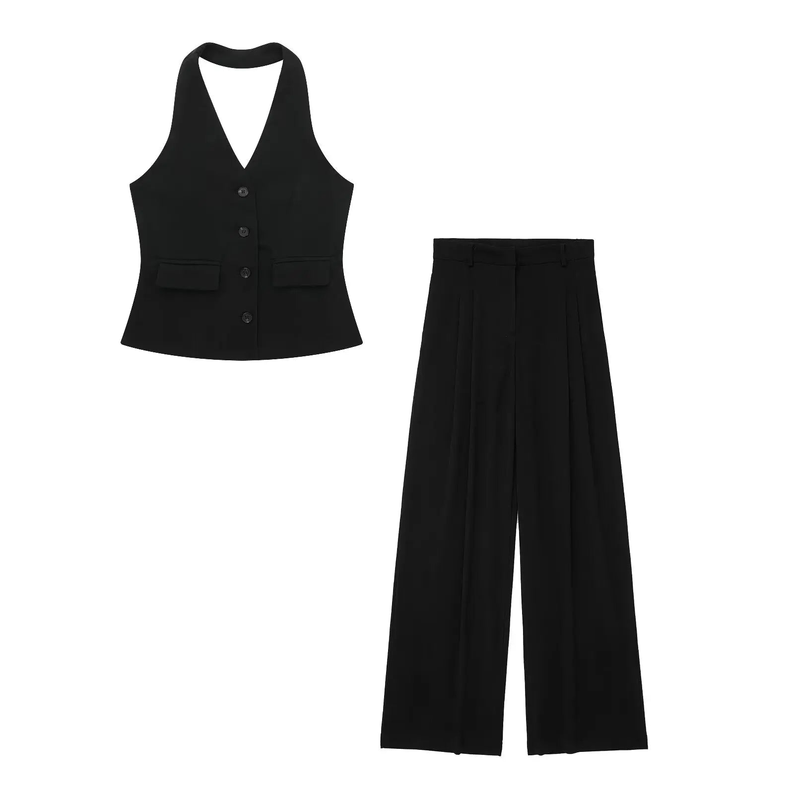 2 Piece Set Halter Neck Single-Breasted Pocket Twirly Threads