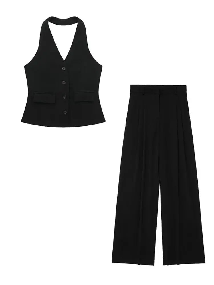 2 Piece Set Halter Neck Single-Breasted Pocket Twirly Threads