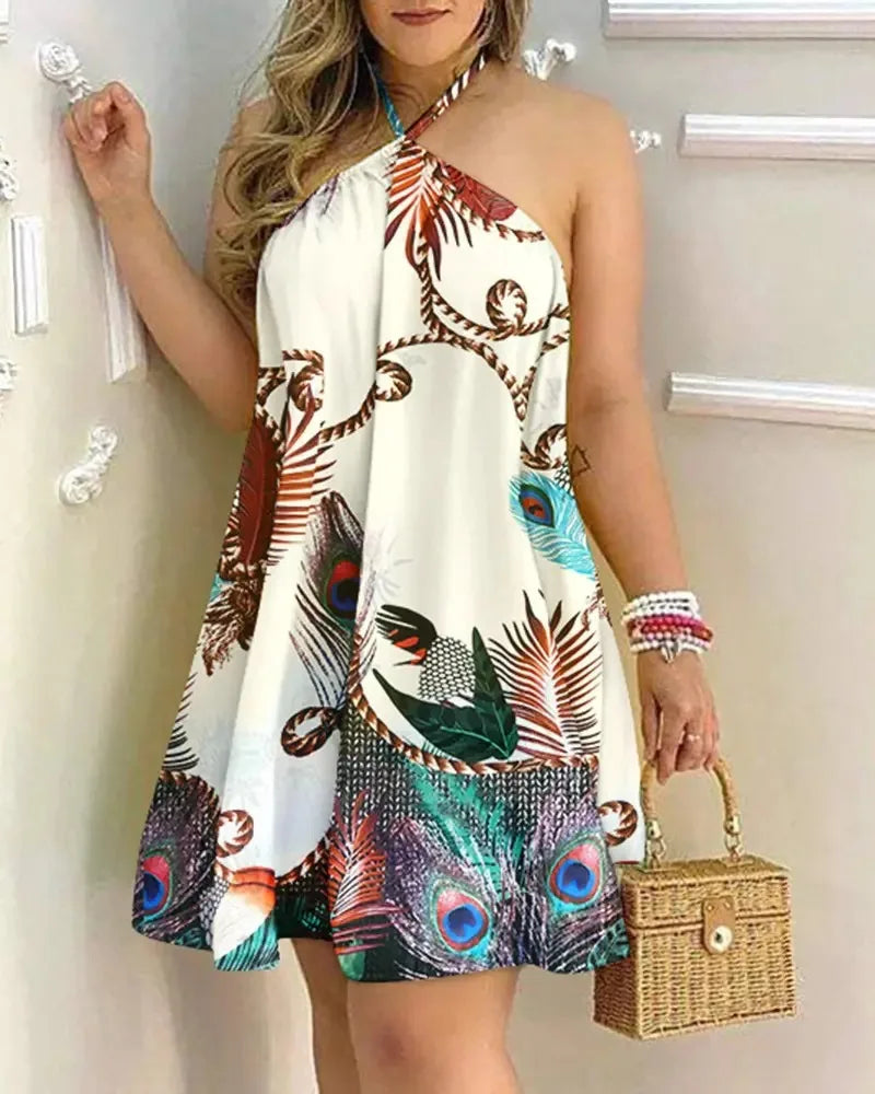Tropical Print Halter Neck Dress Twirly Threads
