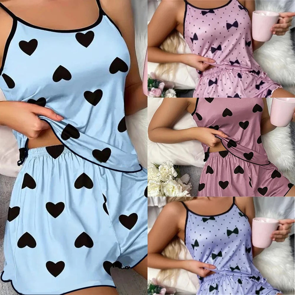Pajama Set T-Shirts Shorts Pink Heart-Shaped Ice Silk Twirly Threads