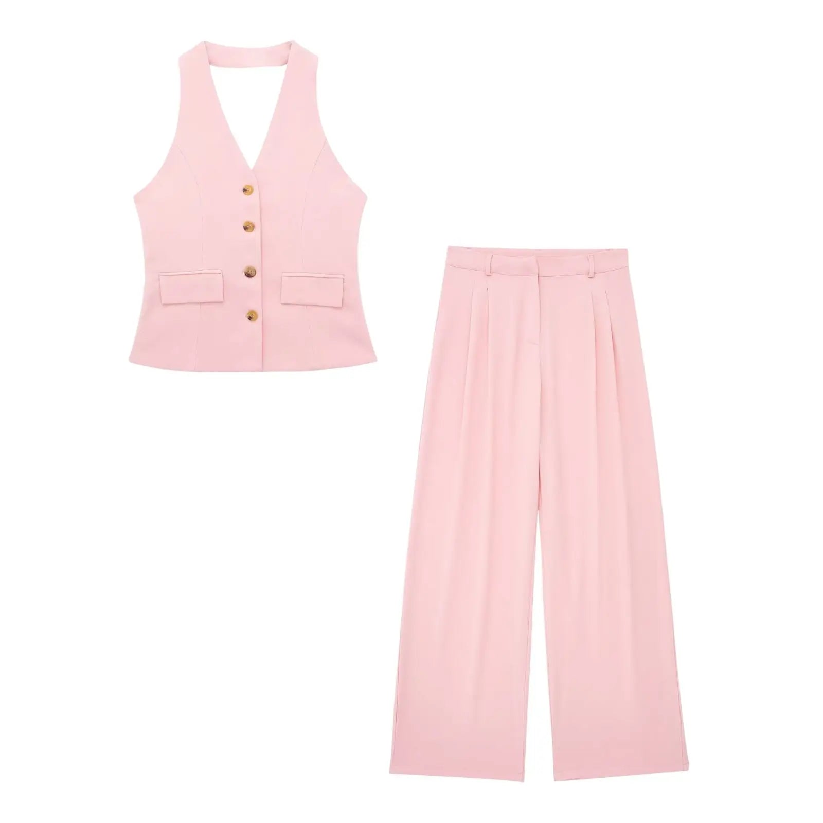 2 Piece Set Halter Neck Single-Breasted Pocket Twirly Threads