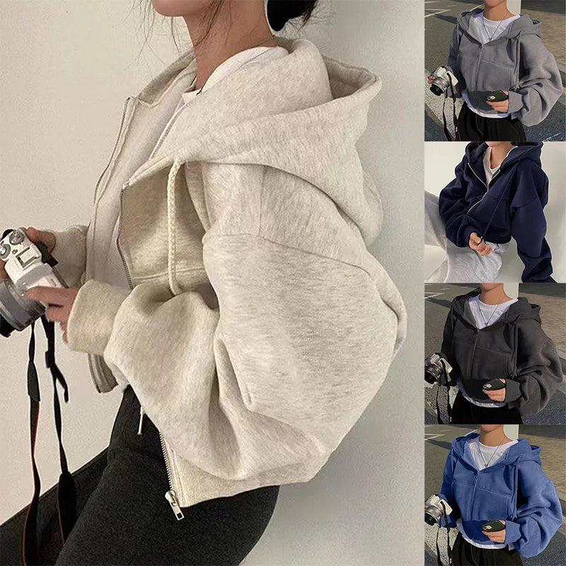 Ins fleece-lined Versatile Cropped Slim Zip-up Warm Sweatshirt Twirly Threads