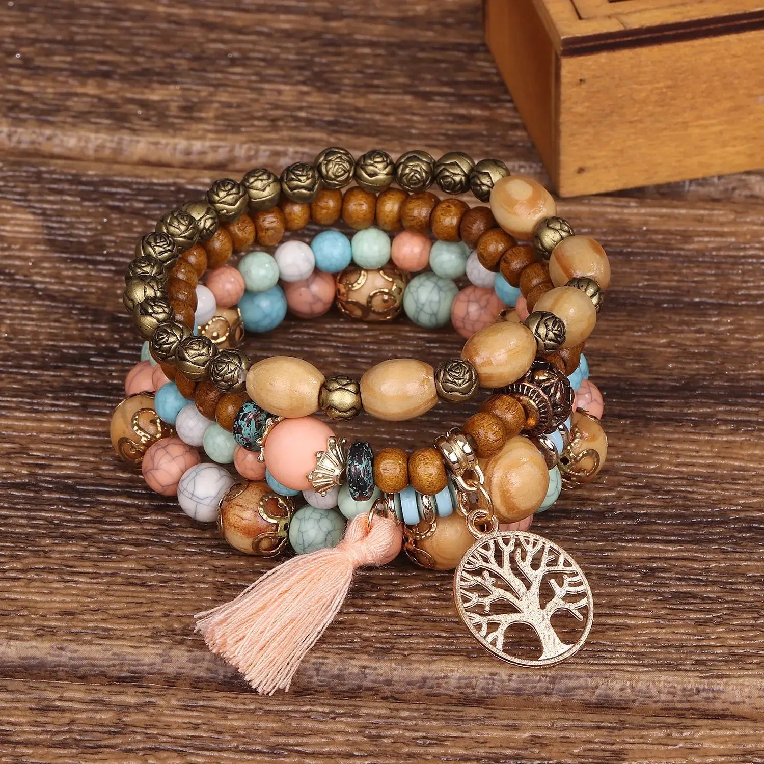 Boho Wooden Beaded Bracelet Set Twirly Threads