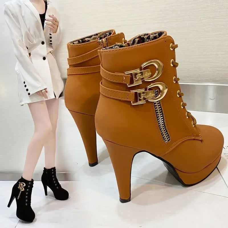 High Heels Stiletto Ankle Boots Lace-upside Zipper Boots Twirly Threads