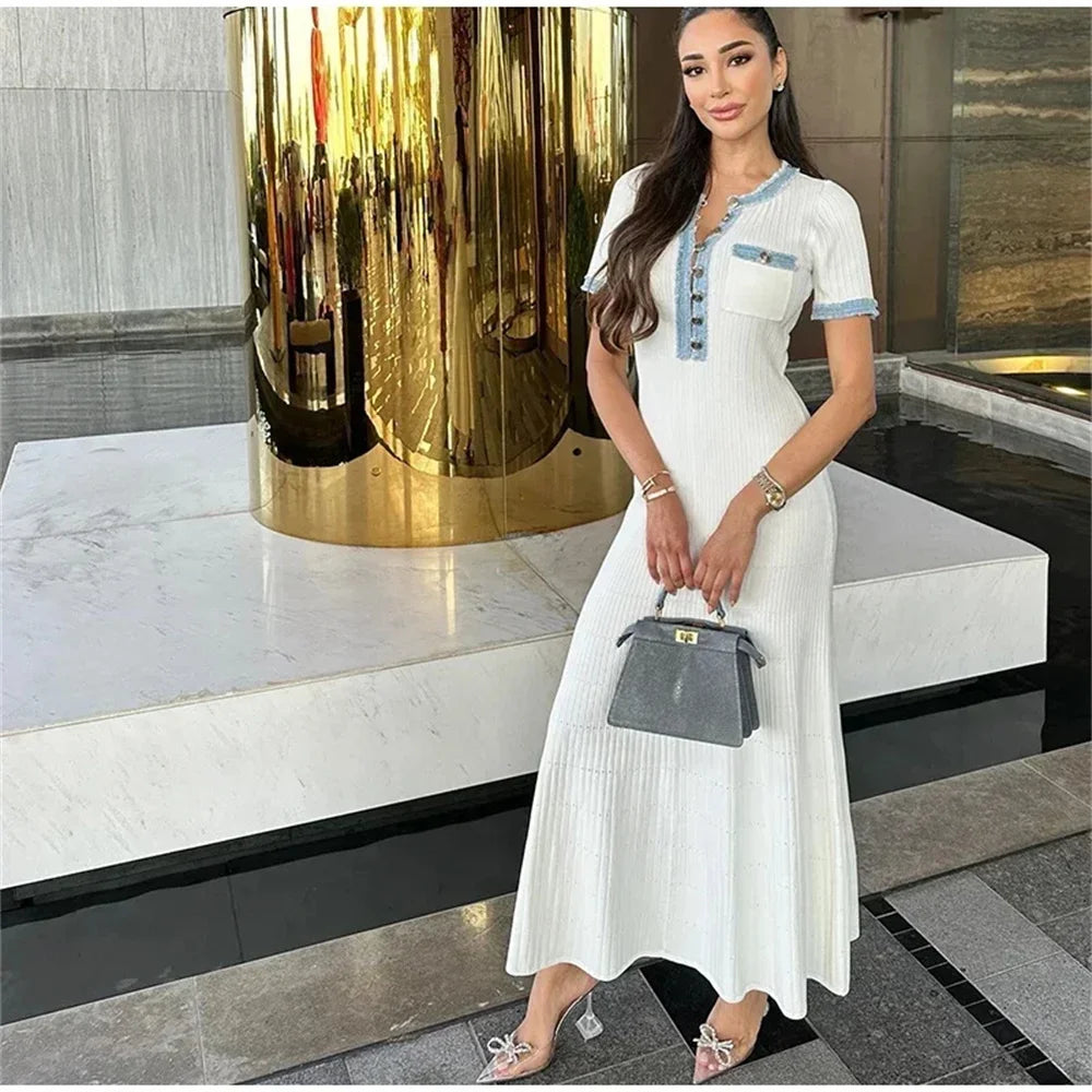Elegant Knit Maxi Dress Chic O-neck Short Sleeve Twirly Threads