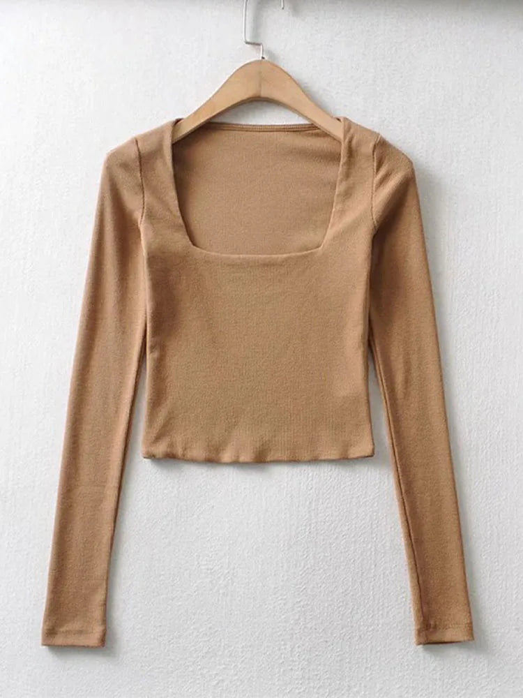 Ribbed Square Neck Crop Top With Long Sleeve Twirly Threads