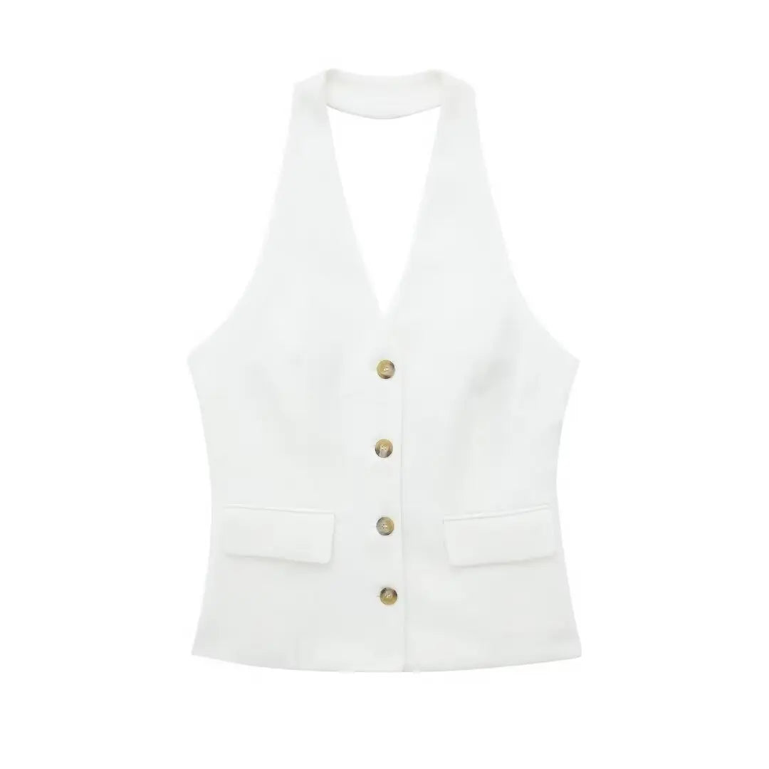 2 Piece Set Halter Neck Single-Breasted Pocket Twirly Threads