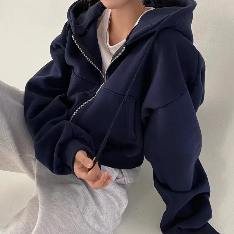 Ins fleece-lined Versatile Cropped Slim Zip-up Warm Sweatshirt Twirly Threads