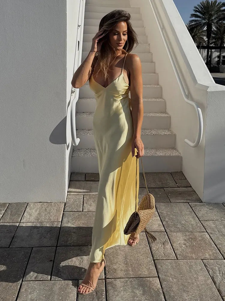 Yellow Stain V Neck Sling Dress Twirly Threads