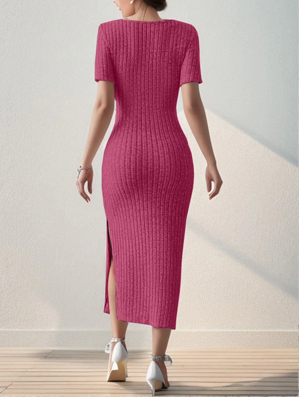 Square Neck, Hip-Hugging Mid-Length Skirt, Knitted Slit Dress Twirly Threads