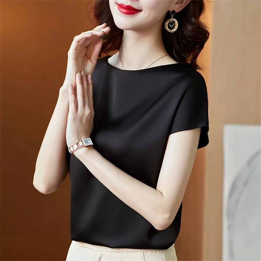 Short Sleeve O-Neck Satin Blouse Twirly Threads