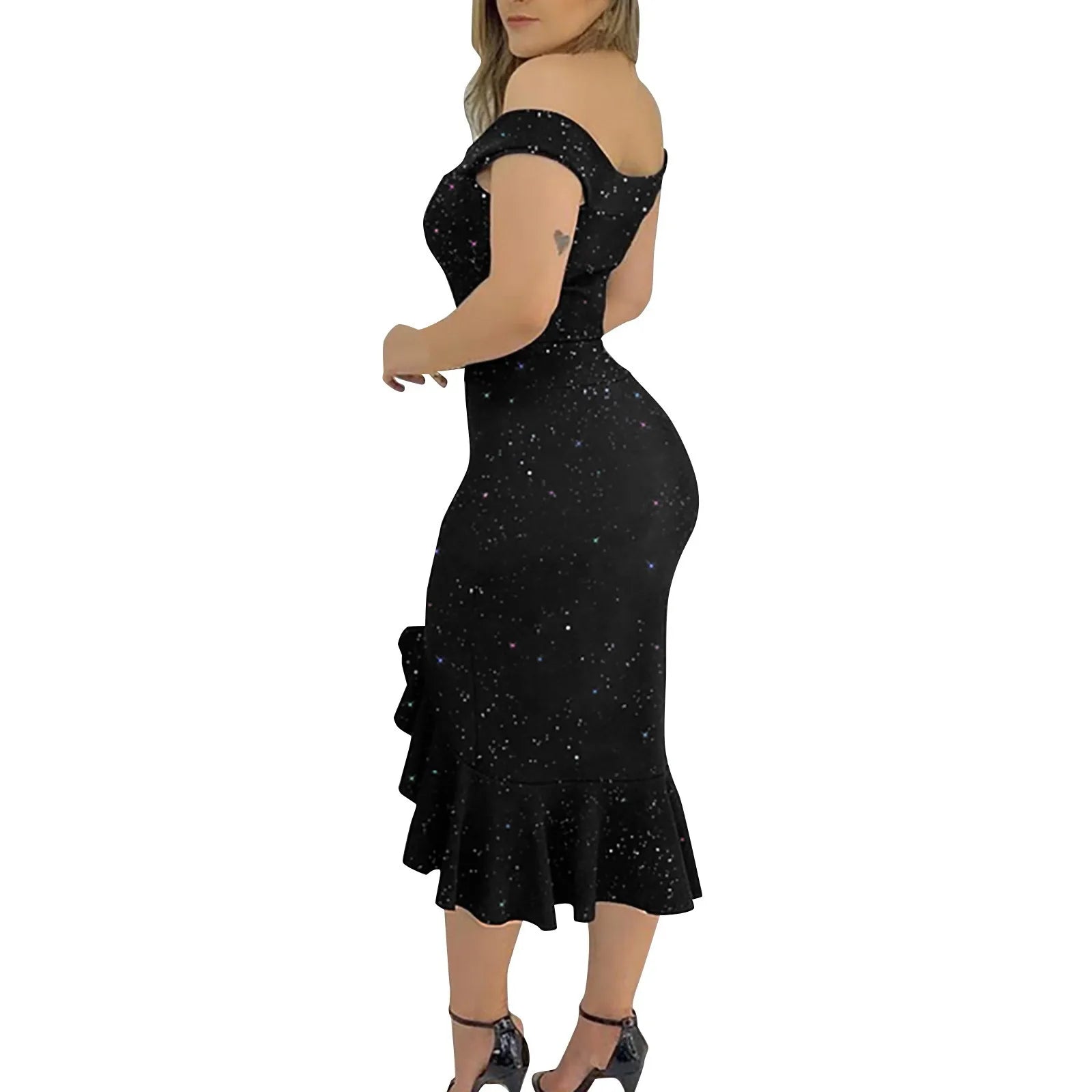 Sexy Shoulder Short Sleeve Sequin Ruffle  Elegant Dresses Twirly Threads