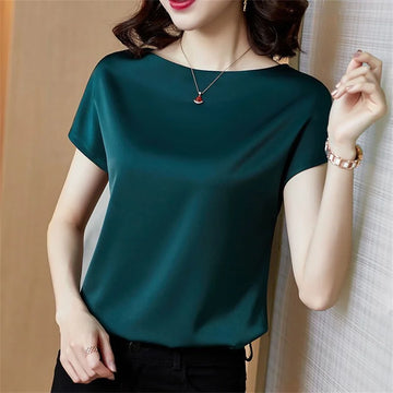 Short Sleeve O-Neck Blouses Satin Blouse Twirly Threads
