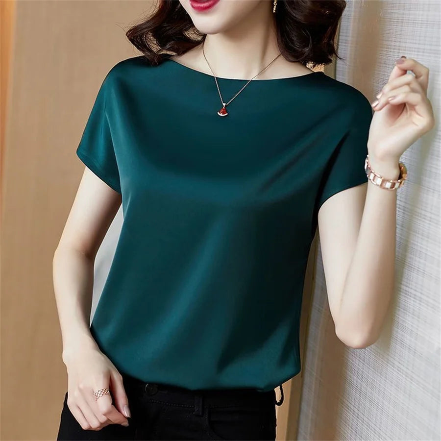 Short Sleeve O-Neck Blouses Satin Blouse Twirly Threads