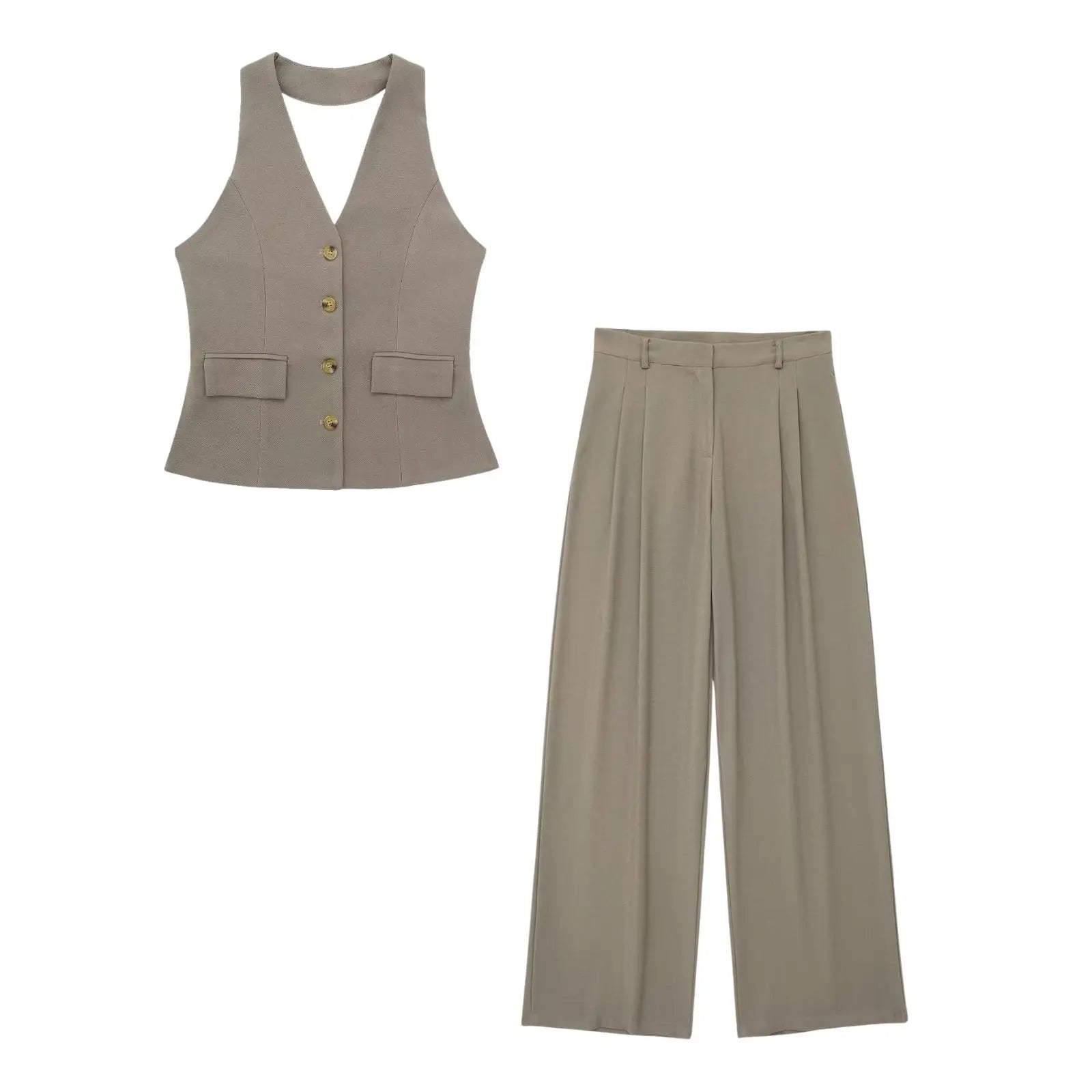 2 Piece Set Halter Neck Single-Breasted Pocket Twirly Threads