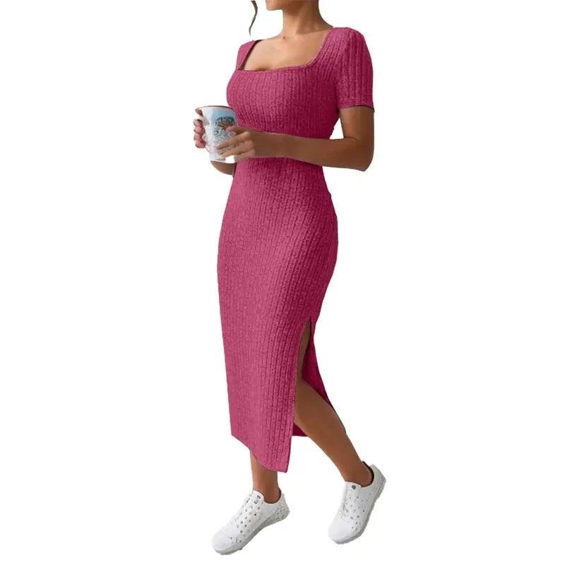 Square Neck, Hip-Hugging Mid-Length Skirt, Knitted Slit Dress Twirly Threads