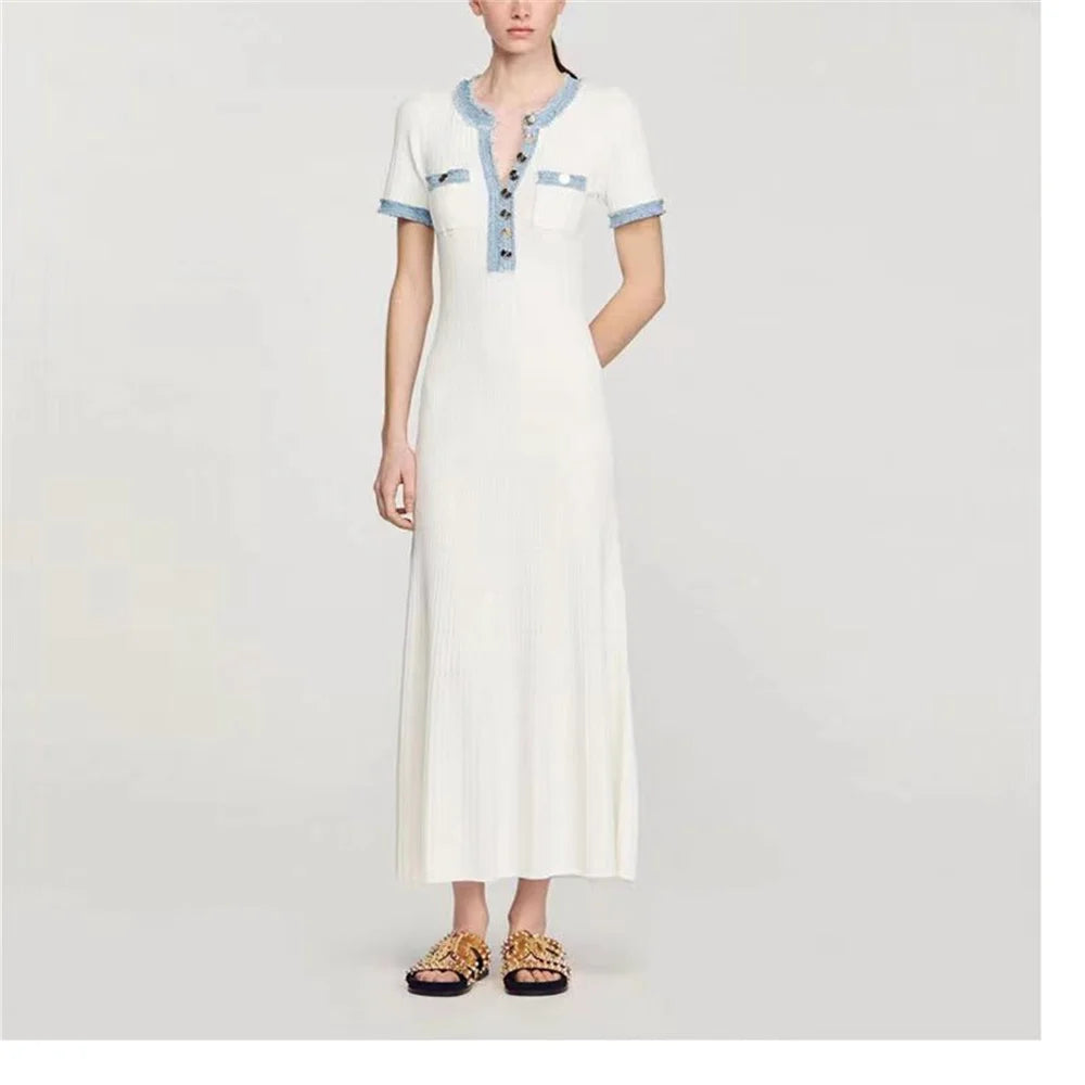 Elegant Knit Maxi Dress Chic O-neck Short Sleeve Twirly Threads