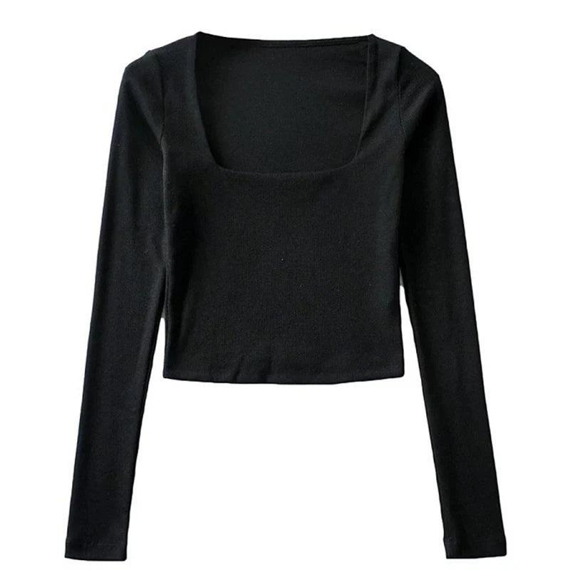 Ribbed Square Neck Crop Top With Long Sleeve Twirly Threads