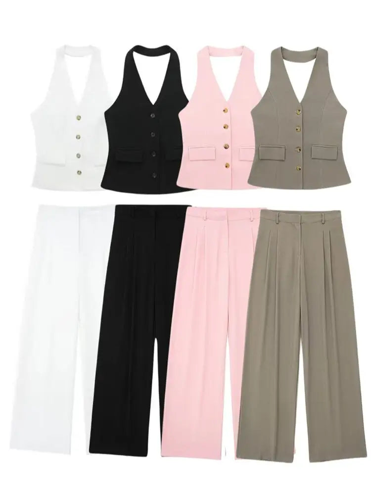 2 Piece Set Halter Neck Single-Breasted Pocket Twirly Threads