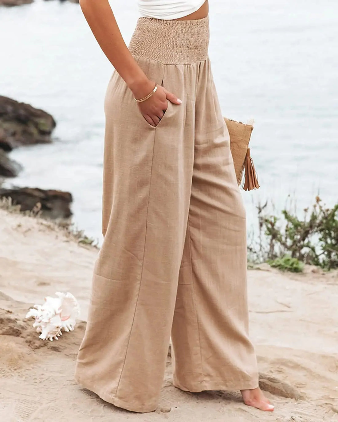 Casual pants with drawstring, mid waist, beach wide leg Twirly Threads