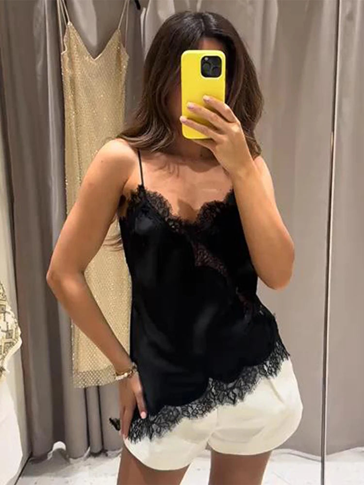 Lace Sling Loose V Neck Sleeveless Backless See Through Top Twirly Threads